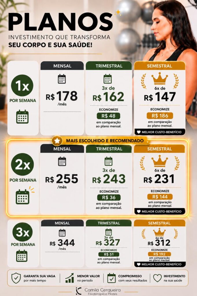 Tabela de planos e valores do Estúdio de Pilates Camila Cerqueira no bairro Cabral, Contagem.